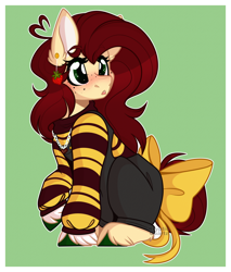 Size: 1394x1638 | Tagged: safe, artist:krypticquartz, oc, oc only, earth pony, pony, bow, clothes, ear piercing, earring, female, freckles, jewelry, mare, overalls, piercing, solo, sweater, tail, tail bow