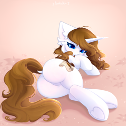 Size: 3000x3000 | Tagged: safe, artist:persikulka, oc, oc only, oc:white storm, pony, unicorn, butt, butt focus, dock, ear fluff, featureless crotch, female, hoof heart, hooves, horn, large butt, looking at you, lying down, mare, on side, plot, solo, tail, thicc thighs, underhoof