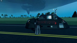 Size: 1858x1057 | Tagged: safe, oc, oc only, oc:chrome thunder, pony, unicorn, 3d, dominator (vehicle), game screencap, horn, long legs, male, road, roblox, tornado, tree, twisted (game), unicorn oc, vehicle