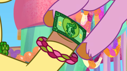 Size: 1920x1080 | Tagged: safe, screencap, pipp petals, posey bloom, pony, g5, my little pony: tell your tale, p + p = bffs, spoiler:g5, spoiler:my little pony: tell your tale, spoiler:tyts02e13, bank note, boardtrot, bracelet, dollar, friendship bracelet, jewelry, money, unnamed character, unnamed pony