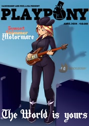 Size: 2894x4093 | Tagged: safe, artist:jackudoggy, sunset shimmer, human, g4, bass guitar, boots, breasts, busty sunset shimmer, clothes, denim, jeans, logo, musical instrument, pants, playboy, playpony, scenery, shoes