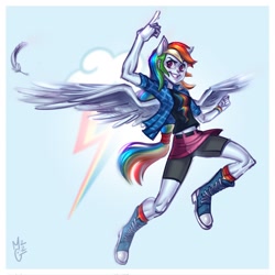 Size: 2048x2048 | Tagged: safe, artist:gmircea, rainbow dash, human, equestria girls, g4, clothes, compression shorts, cutie mark background, feather, female, flying, four ears, ponied up, solo, wings