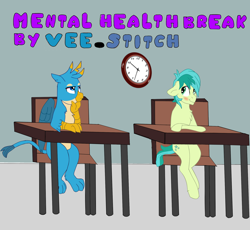 Size: 1900x1750 | Tagged: safe, ai assisted, ai content, artist:vee_stitch, gallus, sandbar, earth pony, griffon, g4, clock, comic, comic cover, cover, cover art, duo, duo male, feral, gay, male, ship:gallbar, shipping, sitting, stallion, table