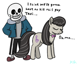 Size: 474x392 | Tagged: safe, artist:harmonicglow, octavia melody, earth pony, pony, g4, bone, duo, female, i think we're gonna have to kill this guy, mare, meme, sans (undertale), simple background, skeleton, transparent background, undertale