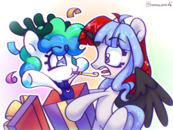 Size: 1790x1344 | Tagged: safe, artist:cherry_tree, oc, oc only, oc:equmoria, alicorn, pony, birthday, celebration, cute, duo, duo female, female, gift art, horns, multicolored hair, party horn, simple background, surprised