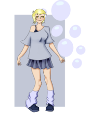 Size: 2480x3508 | Tagged: safe, artist:moth1ore, derpy hooves, human, g4, alternate hairstyle, blushing, bra, bra strap, bubble, clothes, female, humanized, leg warmers, shirt, shoes, skirt, solo, t-shirt, underwear