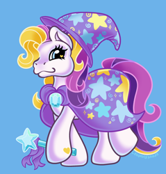 Size: 2200x2300 | Tagged: safe, artist:leopardsnaps, puzzlemint, pony, g3, blue background, cape, clothes, hat, magic wand, multicolored hair, simple background, solo, trixie's cape, trixie's hat