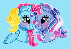 Size: 2300x1600 | Tagged: safe, artist:leopardsnaps, thistle whistle, earth pony, pegasus, pony, g3, blue background, duo, looking at each other, looking at someone, multicolored hair, nose to nose, shenanigans, shipping, simple background, smiling, smiling at each other