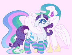 Size: 3000x2300 | Tagged: safe, artist:leopardsnaps, princess celestia, rarity, alicorn, pony, unicorn, g4, alternate hairstyle, clothes, duo, duo female, female, horn, hug, jewelry, lesbian, looking at each other, looking at someone, nervous, nervous sweat, pink background, regalia, ship:rarilestia, shipping, simple background, smiling, smiling at each other, socks, striped socks, wing hold, winghug, wings