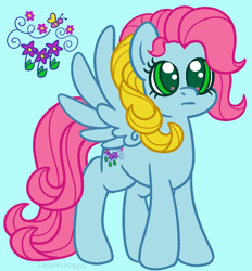 Size: 1192x1285 | Tagged: safe, artist:leopardsnaps, thistle whistle, pegasus, pony, g3, g4, :i, blue background, curly mane, cutie mark, g3 to g4, generation leap, multicolored hair, simple background, solo, spread wings, wings