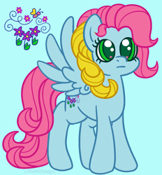 Size: 1192x1285 | Tagged: safe, artist:leopardsnaps, thistle whistle, pegasus, pony, g3, g4, :i, blue background, curly mane, cutie mark, g3 to g4, generation leap, multicolored hair, reference sheet, simple background, solo, spread wings, wings