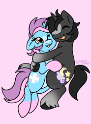 Size: 1700x2300 | Tagged: safe, artist:leopardsnaps, oc, oc only, oc:crystal nightshine, oc:nurse brighthope, pony, unicorn, coat markings, cuddling, duo, gradient legs, happy, horn, hug, looking at each other, looking at someone, multicolored hair, not shipping, open mouth, platonic, simple background, smiling, smiling at each other, socks (coat markings), unicorn oc