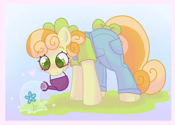 Size: 2800x2000 | Tagged: safe, artist:puppie, junebug, earth pony, pony, g4, bow, clothes, cute, female, flower, gradient background, grass, hair bow, heart, heart eyes, mare, mouth hold, overalls, shirt, solo, tail, tail bow, watering can, wingding eyes