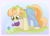 Size: 2800x2000 | Tagged: safe, artist:puppie, junebug, earth pony, pony, bow, clothes, cute, female, flower, gradient background, grass, hair bow, mare, mouth hold, overalls, shirt, simple background, solo, tail, tail bow, watering can, wingding eyes