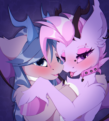 Size: 4500x5000 | Tagged: safe, artist:chura chu, oc, oc:aurora batty, oc:blueberry bell, bat pony, earth pony, pony, blushing, coral, couple, ear piercing, eyeshadow, horns, hug, makeup, piercing