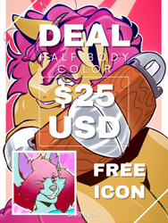 Size: 1728x2304 | Tagged: safe, artist:barnnest, oc, kirin, advertisement, amputee, collage, commission, commission info, commission open, halfbody, horn, icon, markings, orange coat, pink mane, price sheet, price tag, prosthetic limb, prosthetics, solo, yellow eyes