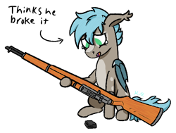 Size: 444x335 | Tagged: safe, artist:harmonicglow, oc, oc only, oc:white phosphor, bat pony, pony, m1 garand, male, sitting, stallion