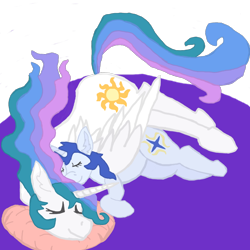 Size: 1000x1000 | Tagged: safe, artist:silverfishv9, princess celestia, oc, oc:azure star (silverfishv9), alicorn, unicorn, blue mane, cuddling, duo, horn, parent:princess celestia, simple background, size difference, sleeping, unicorn oc, wings