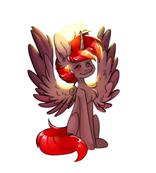 Size: 2001x2224 | Tagged: safe, artist:pizzalover, oc, oc only, oc:hardy, alicorn, pony, blushing, chest fluff, ear fluff, eyes closed, full body, high res, male, nimbus, simple background, sitting, smiling, solo, spread wings, stallion, white background