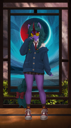 Size: 1674x3000 | Tagged: safe, artist:dogs, oc, oc only, kirin, anthro, anthro oc, clothes, collage, glasses, kirin oc, necktie, photoshop, ribbon, scenery, school uniform, shoes, sneakers, solo, sweater