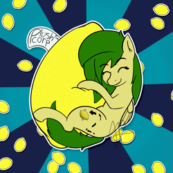 Size: 851x851 | Tagged: safe, artist:mranthony2, oc, oc only, oc:lemon bounce, pegasus, pony, eyes closed, food, giant food, hug, lemon, plushie, solo, sticker, sunburst background