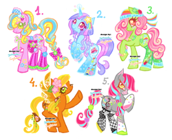 Size: 2048x1671 | Tagged: safe, artist:eyerealm, artist:junglicious64, oc, oc only, oc:delta elysium, oc:paradise palms, unnamed oc, butterfly, butterfly pony, earth pony, hybrid, original species, pony, unicorn, water pony, adoptable, bag, bandana, blonde mane, blonde tail, blue coat, blushing, bow, bracelet, braid, braided tail, brown eyelashes, brown pupils, bubble, butterfly wings, clothes, coat markings, collaboration, colored, colored eartips, colored eyelashes, colored hooves, colored muzzle, colored pupils, curly mane, curly tail, earth pony oc, eye clipping through hair, eyelashes, eyeshadow, fascinator, flower, flower in hair, for sale, frutiger aero, frutiger aqua, frutiger metro, glowing, glowing horn, gray coat, green coat, green eyelashes, green eyes, green pupils, group, gyaru, hair accessory, hairclip, heart, heart eyes, hooves, horn, jellyfish haircut, jewelry, leg warmers, lidded eyes, long mane, long tail, looking back, magenta eyes, magic, makeup, mane accessory, mismatched hooves, multicolored hooves, neck bow, necklace, orange coat, orange eyelashes, orange eyes, orange pupils, pigtails, pink bow, pink coat, pink eyelashes, pink eyes, pink eyeshadow, pink mane, pink pupils, pink tail, ponytail, profile, quintet, raised hoof, raised leg, rearing, red eyelashes, red pupils, saddle bag, saturated, shiny mane, shiny tail, signature, simple background, smiling, socks (coat markings), sparkly mane, sparkly tail, spread wings, standing, star mark, starry eyes, stars, striped, stripes, swirly mane, swirly tail, tail, tail accessory, tail bow, tied mane, tied tail, two toned eyes, two toned mane, two toned tail, unicorn oc, wall of tags, watermark, white background, wingding eyes, wings, yellow eyes, yellow mane, yellow tail