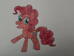 Size: 4032x3024 | Tagged: safe, artist:madisondraws32, pinkie pie, earth pony, pony, g4, colored pencil drawing, cute, diapinkes, female, mare, open mouth, open smile, raised leg, simple background, smiling, solo, traditional art, white background