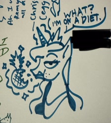 Size: 1726x1917 | Tagged: safe, artist:bixels, princess luna, alicorn, pony, g4, bust, dialogue, doodle, eating, food, herbivore, levitation, magic, marker drawing, pineapple, puffy cheeks, solo, talking to viewer, telekinesis, traditional art