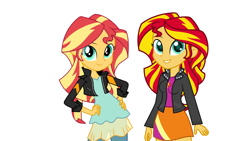 Size: 2560x1440 | Tagged: safe, artist:qbert2kcat, sunset shimmer, human, equestria girls, g4, clothes, dress, female, jacket, looking at you, shirt, simple background, skirt, smiling, white background