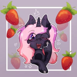 Size: 1600x1600 | Tagged: safe, artist:artsypaws, derpibooru exclusive, oc, oc only, oc:artsypaws, pony, unicorn, crown, curved horn, ear fluff, female, food, glasses, heart, heart eyes, hooves, horn, jewelry, looking at you, mare, open mouth, profile picture, raised hoof, regalia, round glasses, shiny hooves, smiling, smiling at you, solo, stars, strawberry, tongue out, uvula, wingding eyes