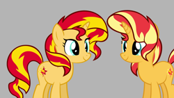 Size: 2560x1440 | Tagged: safe, artist:qbert2kcat, sunset shimmer, pony, unicorn, g4, double sunset, female, gray background, horn, simple background