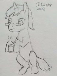 Size: 1644x2192 | Tagged: safe, artist:mannitenerisunt, derpibooru exclusive, oc, oc only, oc:algorithm, pony, unicorn, 2023, cup, drink, ears up, glasses, horn, hot drink, male, monochrome, pencil drawing, sitting, sketch, smiling, solo, stallion, tail, traditional art, unicorn oc