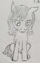 Size: 1408x2219 | Tagged: safe, artist:mannitenerisunt, derpibooru exclusive, oc, oc only, earth pony, pony, 2023, colt, floppy ears, foal, girly, looking away, looking down, male, monochrome, pencil drawing, sitting, solo, traditional art