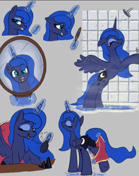 Size: 527x670 | Tagged: safe, artist:maretian, princess luna, alicorn, pony, g4, brush, butt, cute, eyes closed, female, grin, hairbrush, lunabetes, magic, mare, mirror, moonbutt, morning ponies, multeity, music notes, open mouth, plot, raised hoof, shower, simple background, singing, smiling, solo, spread wings, telekinesis, toothbrush, towel, wet, wings