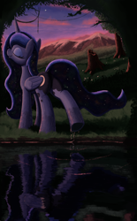 Size: 2268x3658 | Tagged: safe, artist:maretian, princess luna, alicorn, pony, g4, butt, dusk, ethereal mane, eyes closed, female, mare, moonbutt, mountain, plot, pond, praise the moon, raised hoof, scenery, solo, starry mane, starry tail, stars, tail, tree, water, wet