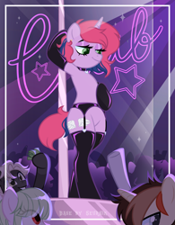 Size: 3893x5001 | Tagged: safe, alternate character, alternate version, artist:seurnik, artist:zakypo, oc, oc only, oc:lilac, earth pony, pegasus, pony, unicorn, semi-anthro, bedroom eyes, bipedal, bisexual, choker, clothes, club, collar, commission, ear piercing, earring, female, garter belt, horn, jewelry, latex, latex socks, lesbian, male, mare, money, panties, piercing, pole, pole dancing, socks, stage, stallion, stockings, straight, stripper pole, thigh highs, underwear, ych result