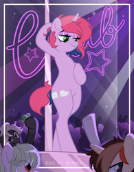 Size: 3893x5001 | Tagged: safe, alternate character, alternate version, artist:seurnik, artist:zakypo, derpibooru exclusive, oc, oc only, oc:lilac, earth pony, pegasus, pony, unicorn, semi-anthro, bedroom eyes, bipedal, bisexual, club, commission, ear piercing, earring, female, horn, jewelry, lesbian, male, mare, money, piercing, pole, pole dancing, stage, stallion, straight, stripper pole, ych result