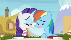 Size: 1920x1080 | Tagged: safe, edit, edited screencap, screencap, rainbow dash, rarity, pegasus, unicorn, g4, the end in friend, blushing, book, duo, duo female, eyes closed, female, horn, kiss edit, kissing, lesbian, ponyville, ship:raridash, shipping