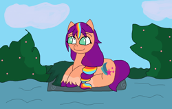 Size: 2322x1472 | Tagged: safe, artist:featherwing555, sunny starscout, earth pony, g5, anatomically incorrect, female, incorrect leg anatomy, lying down, mane stripe sunny, prone, solo