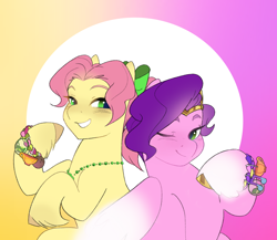 Size: 1398x1212 | Tagged: safe, artist:aztrial, pipp petals, posey bloom, earth pony, pegasus, pony, g5, my little pony: tell your tale, p + p = bffs, spoiler:g5, spoiler:my little pony: tell your tale, spoiler:tyts02e13, abstract background, adorapipp, adoraposey, bracelet, cute, duo, duo female, female, friendship bracelet, grin, jewelry, markings, one eye closed, selfie, smiling, unshorn fetlocks, wink