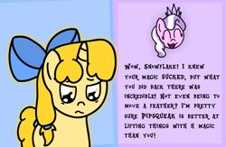 Size: 2061x1345 | Tagged: safe, artist:snowflakepone, diamond tiara, oc, oc:snowflake, earth pony, pony, unicorn, blue background, bow, bully, bullying, duo, female, filly, foal, hair bow, horn, pink background, sad, simple background, yellow eyes, yellow mane
