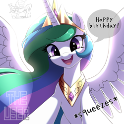 Size: 2000x2000 | Tagged: safe, artist:theuser, princess celestia, alicorn, human, pony, g4, cute, cutelestia, dialogue, featured image, female, from below, happy, happy birthday, horn, looking at you, looking down, mare, offscreen character, onomatopoeia, open mouth, open smile, peytral, pov, signature, simple background, smiling, solo focus, speech bubble, spread wings, squeezing, talking to viewer, text, watermark, white background, wings
