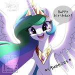 Size: 2000x2000 | Tagged: safe, artist:theuser, princess celestia, alicorn, human, pony, g4, cute, cutelestia, female, from below, horn, looking at you, mare, open mouth, open smile, peytral, smiling, solo, spread wings, wings