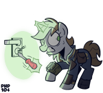 Size: 1447x1300 | Tagged: safe, artist:php104, oc, oc only, oc:littlepip, pony, unicorn, fallout equestria, g4, armor, clothes, eyebrows, eyebrows visible through hair, frown, glowing, glowing horn, horn, jumpsuit, lockpicking, magic, magic aura, pipbuck, raised hoof, scared, signature, simple background, solo, sweat, teeth, telekinesis, transparent background, unicorn oc, vault suit