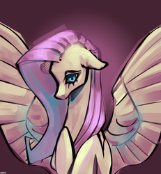Size: 2500x2700 | Tagged: safe, artist:kaf1l, fluttershy, pegasus, pony, bust, female, mare, portrait, simple background, sketch, solo, spread wings, wings