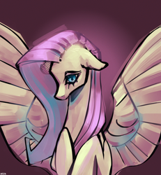 Size: 2500x2700 | Tagged: safe, artist:kaf1l, fluttershy, pegasus, pony, g4, bust, female, gradient background, mare, portrait, sketch, solo, spread wings, wings