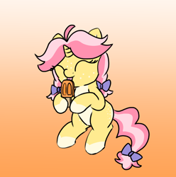 Size: 1486x1500 | Tagged: safe, artist:craftycirclepony, oc, oc only, oc:crafty circles, pony, unicorn, bow, butt freckles, coat markings, colored belly, cute, eyes closed, female, filly, foal, food, freckles, gradient background, hair bow, happy, hoof hold, horn, leg freckles, licking, popsicle, sitting, socks (coat markings), solo, tongue out