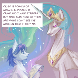 Size: 2000x2000 | Tagged: safe, artist:kaf1l, princess celestia, alicorn, earth pony, pony, g4, background pony, concave belly, crown, drugs, duo, ethereal mane, female, height difference, hoof hold, horn, implied drug use, implied stripping, jewelry, list, long horn, long mane, mare, master chief and luna hanging out, meme, misspelling, peytral, regalia, simple background, slender, speech bubble, starry mane, sternocleidomastoid, thin