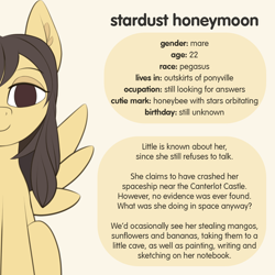 Size: 1200x1200 | Tagged: safe, oc, oc only, oc:stardust honeymoon, pegasus, pony, bio, english, female, implied canterlot, mare, reference sheet, simple background, solo, spread wings, text, white background, wings