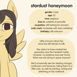 Size: 1200x1200 | Tagged: safe, artist:pearly* marshmallow, oc, oc only, oc:stardust honeymoon, pegasus, pony, bio, english, female, implied canterlot, mare, reference sheet, simple background, solo, spread wings, text, white background, wings